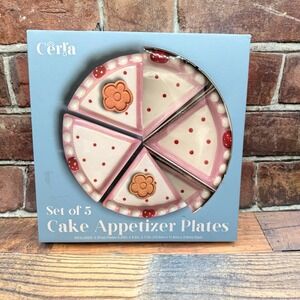 Cerra Set Of 5 Cake Appetizer Plates Birthday Ceramic Kitschy Pink White Floral